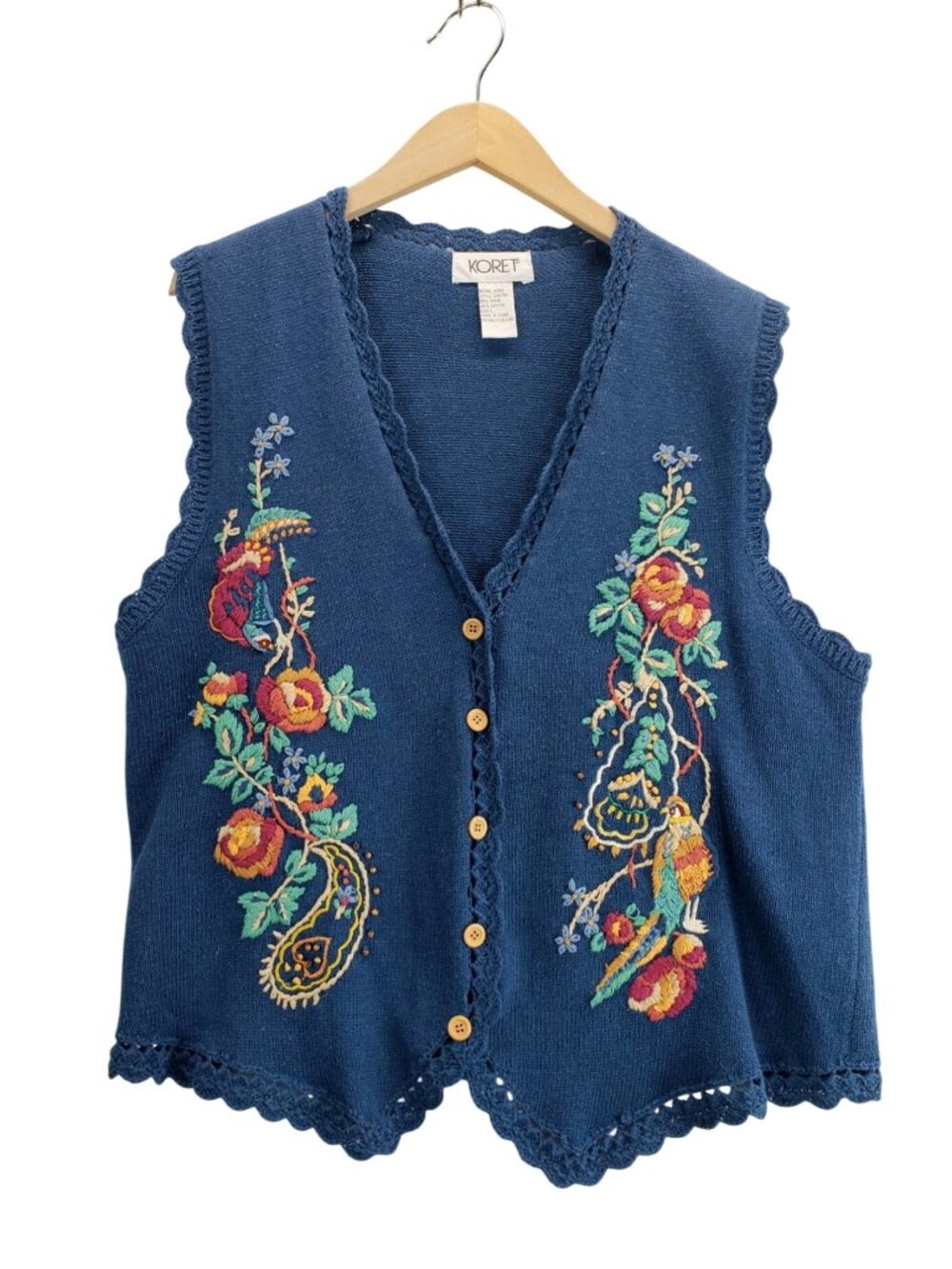 Vtg Sweater Vest Blue Embroidery L Koret Button Front Scalloped Granny Cottage